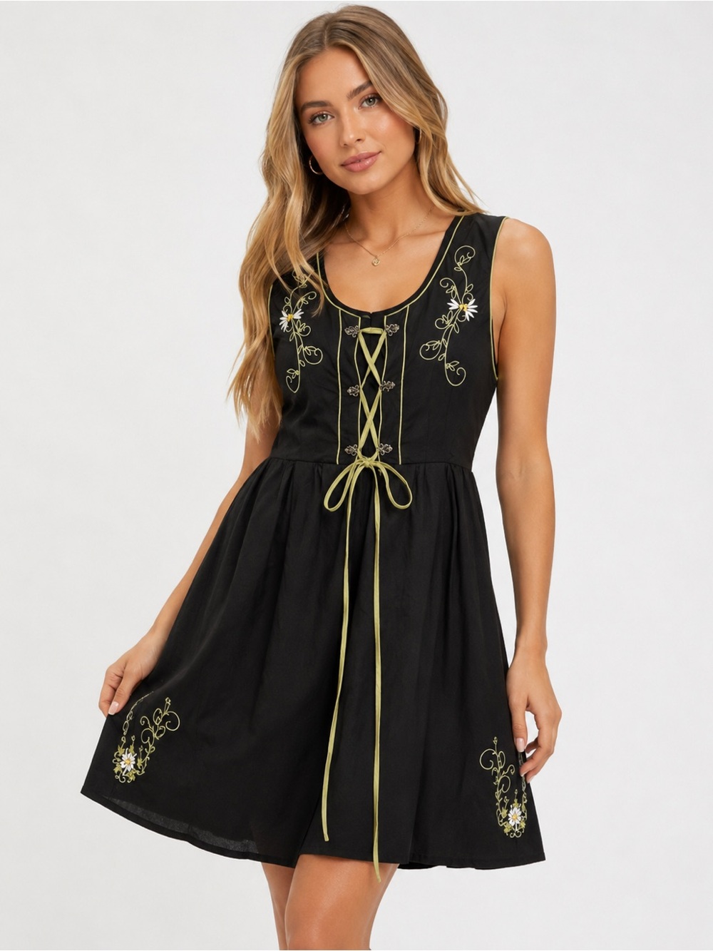 JASAMBAC MILKMAID EMBROIDERED Black Dress with Green Accents.